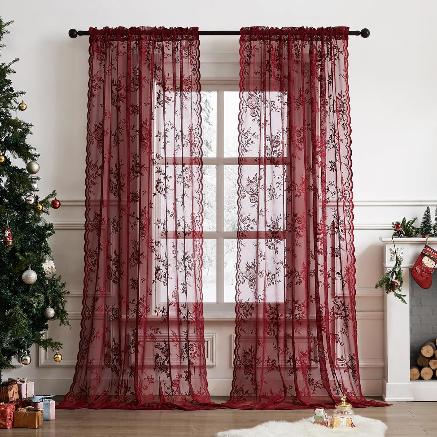 Home Office Setup - Rideaux en dentelle bordeaux de 45